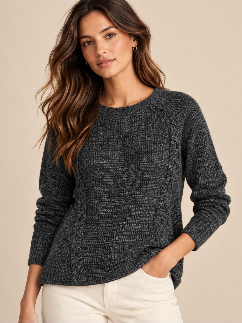 a.n.a Petite Charcoal Gray Cable Knit Sweater Size PL